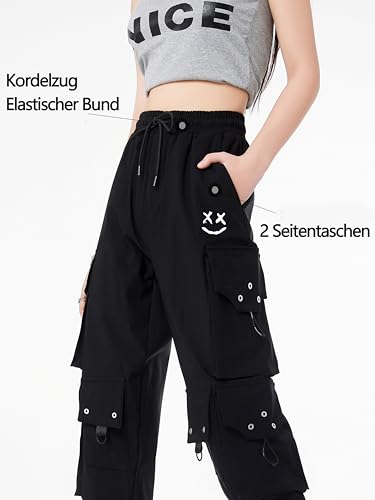 CLOAKA Cargohose Damen Hosen Jogginghose Hose Baggy Weites Bein Y2k Pants Outdoor High Waist Stretch Cargo Techwear Streetwear Bequeme Große Größen Gothic Breite Gummizug Cargohosen Print Schwarz 3XL