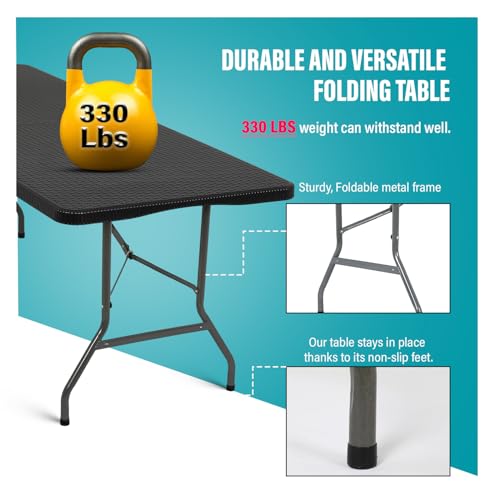 Image of FDW Folding Table Half Portable Foldable Table for Parties Backyard Events (Black Ratten, 6 FT)