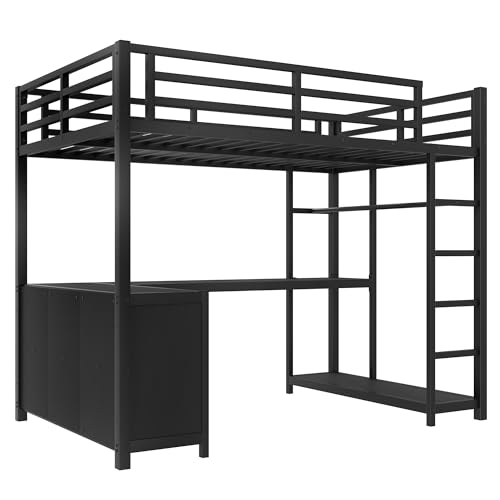 Image of Bellemave Twin Size loft Bed with L Desk, Wardrobe, Metal Twin Loft Bed Frame for Adults, Kids, Teens, Black