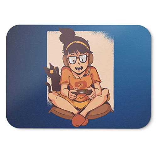 BLAK TEE Gamer Girl and a Cat Illustration Mouse Pad 18 x 22 cm in 3 Colours Blue Cover