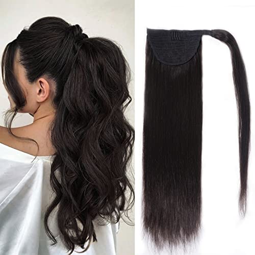 Tinashe Ponytail Extension Human Hair 100% Remy Human Hair Wrap Around Ponytail Hair Extension Natural Black 14inch 65g Long Straight Clip in Pony Tail Hair Piece with Magic Paste For Women (#1B, 14inch)