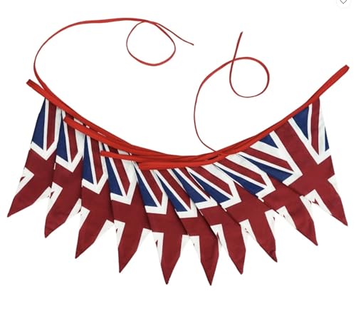 British Bunting | Double Sided Vintage 100% Cotton | Fabric Bunting Flags | As seen on Bake Off | Retro | Set of 5 meters/10 Pieces | BBQ | King Charles | VE Day | Garden Party
