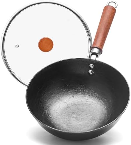 10.2 Inch Cast Iron Wok with Glass Lid, Pre-Seasoned Flat Bottom Wok for Stir-Fry & Saute, Uncoated Iron Wok Pan for Electric, Gas & Induction Cooktops