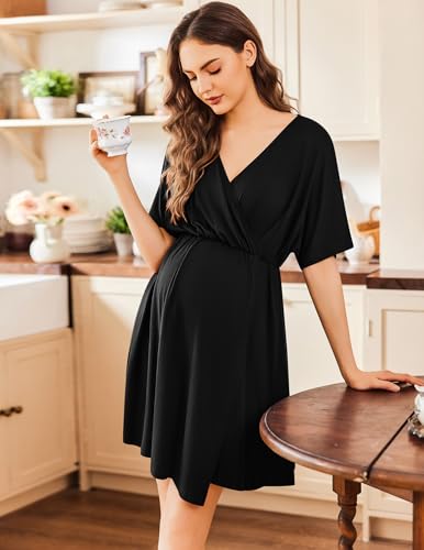 Image of Ekouaer 3 in 1 Labor and Delivery Gown for Hospital Short Sleeve Maternity Nursing Dress Nightgown Postpartum Sleepwear