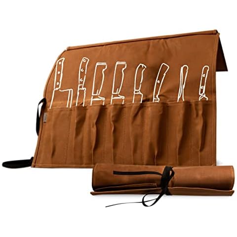 Hudson Durable Goods 8 Pocket Knife Roll - 22” W x 17” H Waxed Canvas Carrying Case for Kitchen Knives and Kitchen Tools - Heavy Duty, Portable Knife Storage Bag for Traveling - Tan Knife Pouch Cover