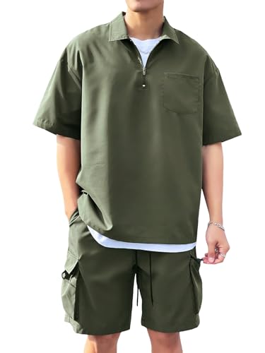 Verdusa Men's 2 Piece Outfits Half Zip Short Sleeve Pullover Shirt and Cargo Shorts with Pockets