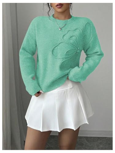 Image of RoseSeek Women's 3D Floral Appliques Crewneck Sweaters Long Sleeve Drop Shoulder Pullovers Elegant Knit Tops