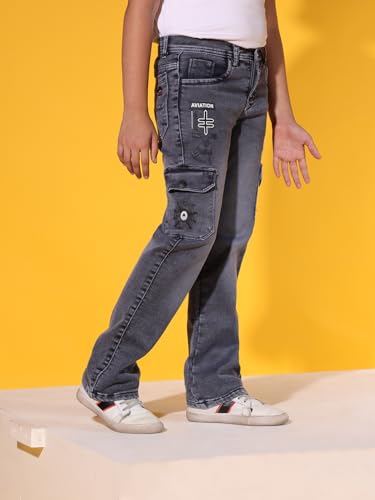 Image of Sky Heights Boy's Solid Cargo Jeans Mid Rise Regular Fit