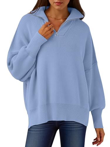 Image of ANRABESS Womens Oversized Quarter Zip Pullover Sweaters | Fall Fashion Outfits, Long Sleeve Slit Side, Baggy Loose Fit, 1 /4 Zip Lapel Collared, Ribbed Knit Soft Warm Winter Clothing
