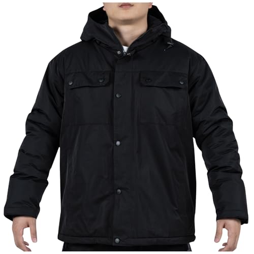Men's Fleece Lined Twill Work Jacket,Teflon Winter Hooded Black Utility Jacket,Water,Oil and Stain Resistant