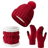 Conjunto de gorro de invierno para mujer, bufanda y guantes con forro polar, gorro de punto cálido y bufanda larga, juego de 3 piezas Nwh33, Rojo De La Sandía, Talla única