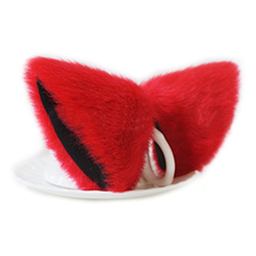 E-TING Cat Fur Ear Hair Clip Anime Cosplay Costume Red with Black