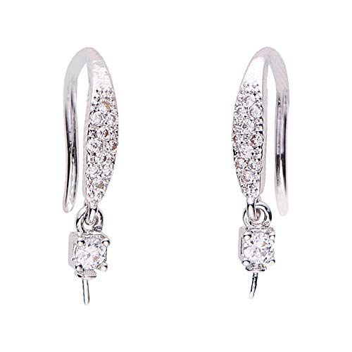 Ph Pandahall 10 Pcs(5 Pairs) Brass Cubic Zirconia Earring Hooks Ear Wire Earring Posts Cup Pin Pearl Setting For Earring Finding, Platinum, Pin: 0.3Mm #TOP26