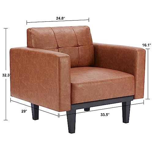 Mid-Century Modern Leather Accent Chair With Wood Legs And Wood Base, Oversized Upholstered Single Sofa Chair, Comfy Living Room Armchairs For Apartment Bedroom Office Study, Cognac/Espresso #TOP2