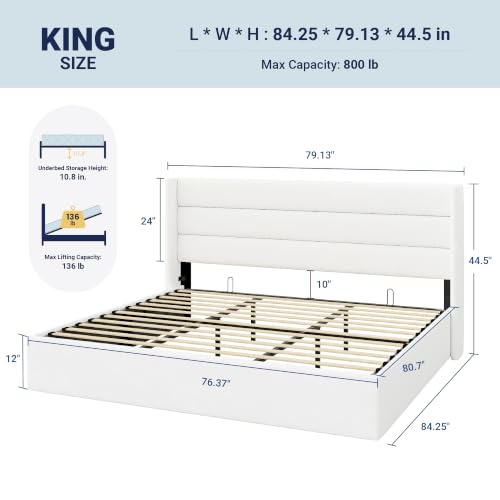 Image of Allewie King Size Lift Up Hydraulic Storage Bed Frame White | Modern Wingback Headboard, Hydraulic Support Storage, No Box Spring Needed