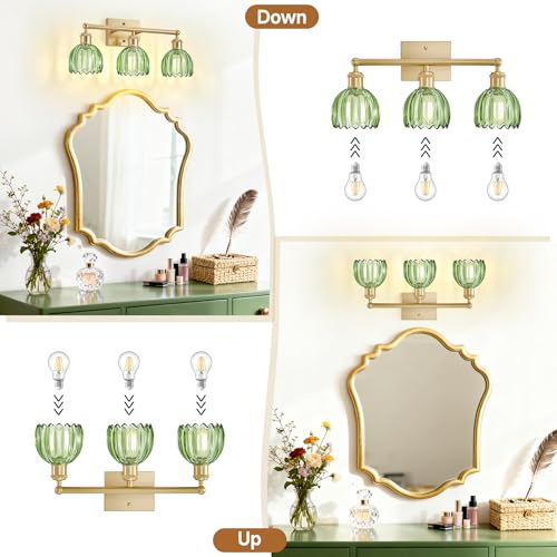 Image of Bathroom Light Fixtures Over Mirror,3 Light Vintage Bathroom Vanity Lights,20 in Brushed Brass Antique Vanity Light with Green Tulip Glass Shade for Bedroom, Living Room, Foyer,E26 Base