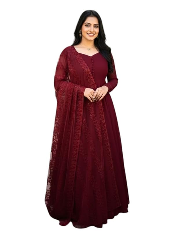 Designer Faux Georgette Floor Length Wine Gown with Embroidered Net Dupatta | Ethnic for Women