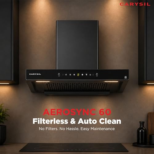 Image of Carysil AeroSync 60 cm Kitchen Chimney, T- Shape, 1500 m /hr Suction, Auto-Clean Filterless, 3-Speed Touch & Gesture Control, LED Lamp, 10-Year Warranty - Black