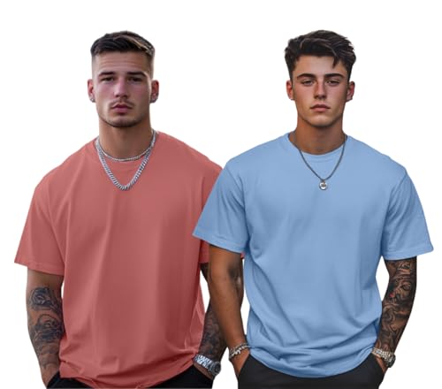 Image of Veirdo Solid Oversized 100% Pure Cotton Combo T-Shirt for Men & Boys (Half Sleeves, Round Neck, Drop Shoulder, Baggy Fit, Pack of 2, Available in S to 2XL