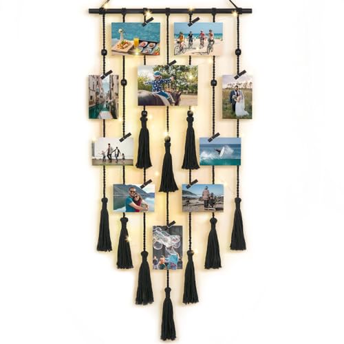 Image of Mkono Hanging Photo Display, Boho Decor with String Light and 30 Wood Clips