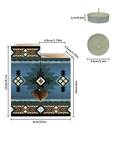 Southwestern America Candle Holders Set, Wooden Tealight Candle Holder Gifts For Women, Blue Tribal Geometric Ethnic Vintage Candlesticks Holder Decor For Wedding Dinning Party #TOP2