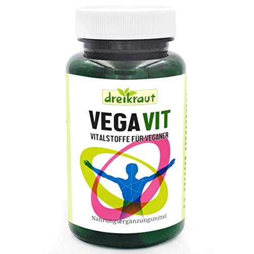 VegaVit von dreikraut - Vitalstoffe für Veganer - Vitamin D und B12, Eisen, L-Lysin, Zink, Calcium, Riboflavin, Jod - Passgenaue Rezeptur, nur 1 Kapsel am Tag, 3-Monats-Packung