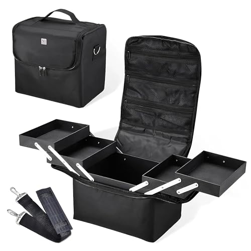 Image of NFI essentials Large Makeup Case, Professional Beauty Train Case Bag, Vanity Travel Brush Case with 4 Trays and Strap, Large Storage Make up Box Cosmetic Organizer
