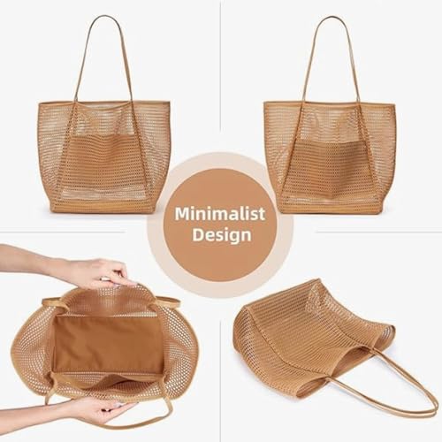 Image of Breathable Mesh Beach Tote Bag for Women - Lightweight Hobo Shoulder Bag for Travel, Pool & Vacation