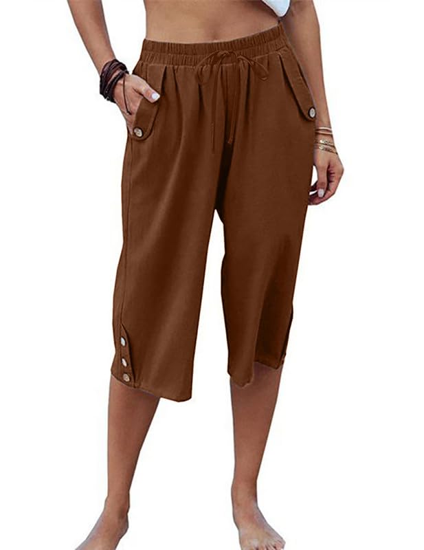 Womens Casual Capri Pants Elastic Waist Solid Color 3/4 Wide Leg Summer Trousers with Pockets2