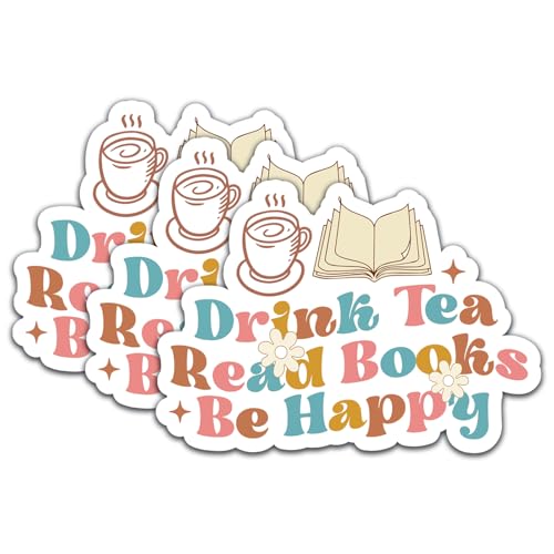 (3Pcs) Drink Tea Read Books Be Happy Sticker Read Book Sticker Book Stickers Decal Waterproof Vinyl Stickers Adult for Laptop Kindle Car Tumbler Water Bottle Mug Phone Notebook Size 3”x2.1”
