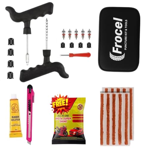 Image of Universal Tubeless Tire Puncher Kit Emergency Flat Tire Repair Patch Puncture Kit for Car, Bike, SUV, & Motorcycle with Storage Bag, Plier and 5Pcs Tyre Valve Stem Core & Tool (with 10 Strip)