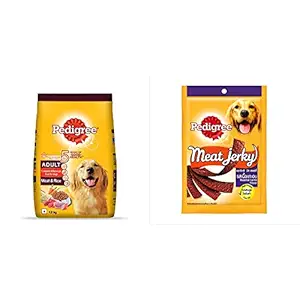 Pedigree Adult Dry Dog Food- Meat & Rice, 1.2kg Pack & Dog Treats Meat Jerky Stix, Roasted Lamb, 80 g Pouch