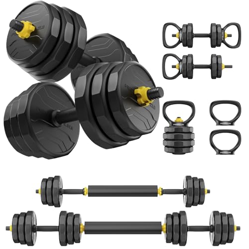 FEIERDUN Adjustable Dumbbells, 88lbs Dumbbell Set, 5 in 1 Free Weight Set Used as Barbell, Kettlebells, Push up Stand, Weights for Home Gym Suitable Men/Women