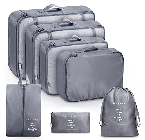 7 Teilige Packing Cubes, Kleidertaschen, Koffer Organizer für Urlaub und Reisen, Packwürfel Set Reise Würfel, Ordnungssystem für Koffer - Grau Cover