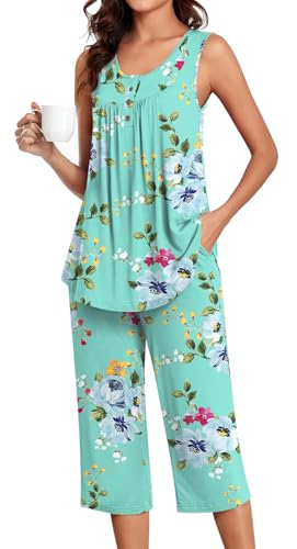 Image of Bestbee Women's Sleeveless Pajama Sets 2 Piece Sleepwear Summer Lounge Outfits Henley Tanks Capri Pants Ladies Pjs