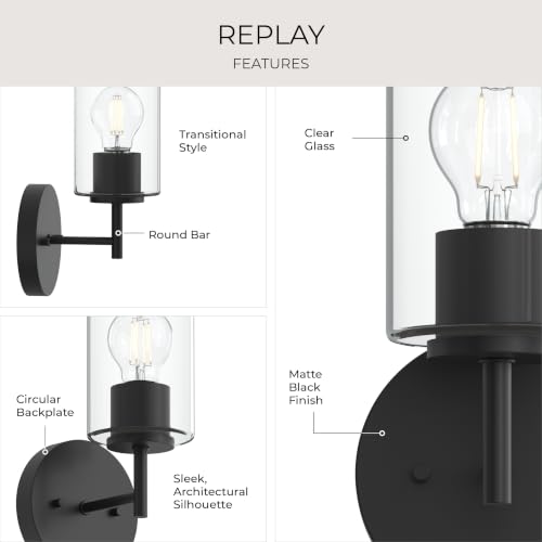 Image of Progress Lighting Replay 5.125 Inch 1-Light Vanity Light, Transitional, Black with Clear Glass Shade, (9.75 inch H x 5.125 inch W x 5.875 inch D), P300581-031