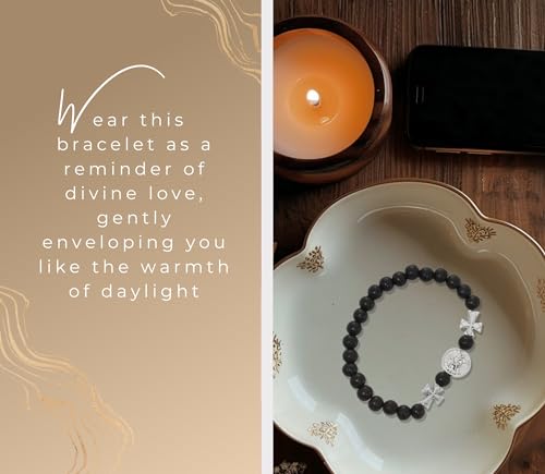 Saint Michael Bracelet - Laminated St Michael the Archangel Prayer Card, The Lord's Prayer Card - Stretchable Black San Miguel Arcangel Bracelet - Catholic Set - 3 Items3