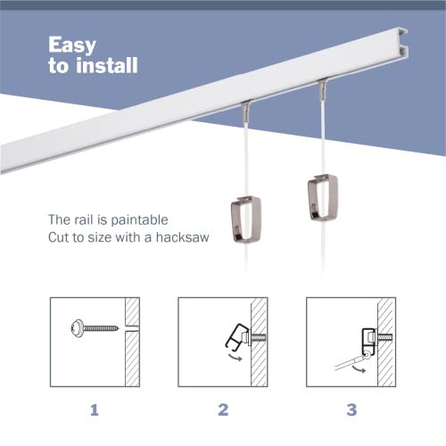 Stas Minirail Picture Hanging System Set - Covers 4.92 Ft Of Wall Space - Smallest Picture Rail & Art Hanging Gallery Kit For Art Display (White Rails, Includes 2 Hooks & Cords) #TOP4