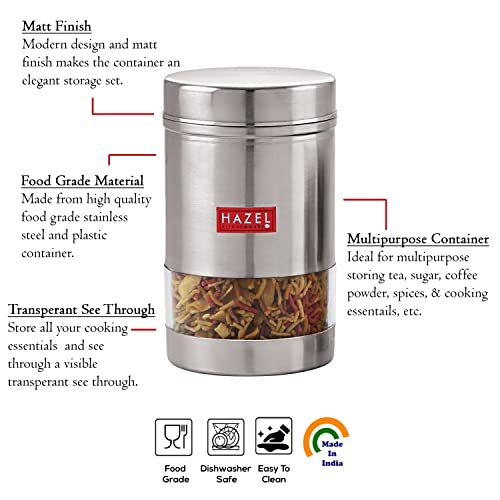 Image of HAZEL Stainless Steel Kitchen Container | 1200 ml Each Transparent Kitchen Container Set with Glossy Finish | Multipurpose Airtight Container for Kitchen Storage organizer, Set of 6