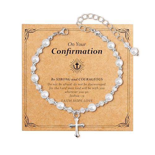 Image of Eaciy First Communion Gifts for Girls - Pearl Cross Bracelet for Girls First Holy Communion, Baptism, Confirmation Gifts for Teen Girls Granddaughter Daughter Niece