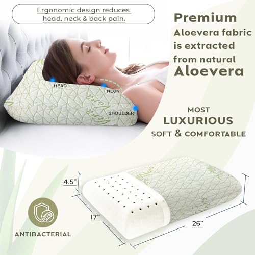 Image of AYKA Aloevera Memory Foam Pillow for Neck & Shoulder Pain | Neck Orthopedic Pillow for Sleeping, Pain Relief & Spinal Alignment | Ergonomic Design | 2 Years Warranty (Set of 2)