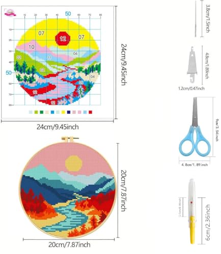 Image of Zhenqing Sun Moon Landscape Stamped Cross Stitch Kit, 3 Pack 11CT Printed Mountain Scenery Patterns with Hoops and Tools, DIY Embroidery Set for Adults and Beginners