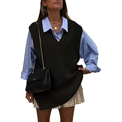 SAFRISIOR Women Oversize Sweater Vest V Neck Sleeveless Knitted Jumper Casual Pullover Sweater Preppy Style Vests - black - Medium Cover