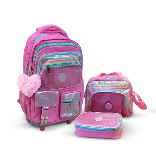 Kit Mochila Infantil de Rodinha com Lancheira e Estojo Infantil Rosa Grande Escolar Ideal para Passeios e Viagens Meninas Estilosas