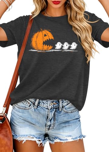 Image of Halloween Shirts for Women: Pumpkin Ghost Graphic Tee Shirts Funny Holiday Short Sleeve Tops