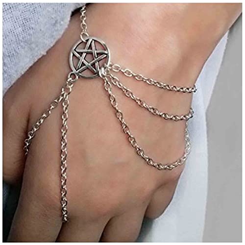 Yheakne Boho Star Slave Bracelet Silver Circle Finger Bracelet Vintage Ring Bracelet Layering Link Ring Wrist Bracelet Bangle Hand Chain Jewelry for Women and Girls (Silver)