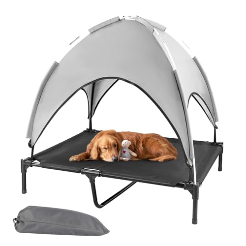 Elevated Outdoor Dog Bed with Canopy, Raised Dog Cot with Shade, Waterproof Dog Tent for Medium Large Dogs Portable Cooling Pet Bed with Breathable Mesh for Camping Beach, XL