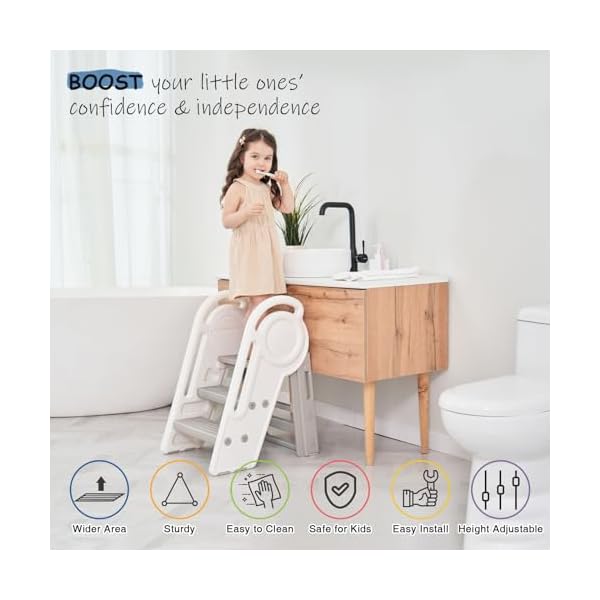 Foldable toddler step stool for bathroom sink adjustable kids 3 or 2 step stool for toddlers bathroom toilet potty plastic baby child stepping stool with handles for kitchen counter  urban country home decor
