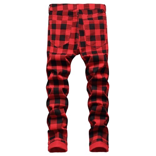 Men's Casual Printed Plaid Jeans Slim Fit Hiphop Skinny Denim Pants Straight Slim Moto Biker Jean2
