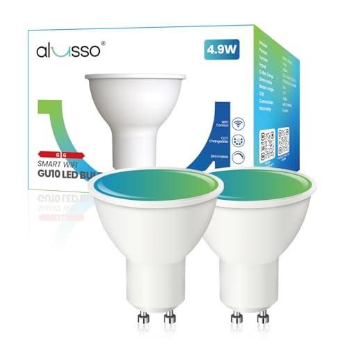 ALUSSO Smart Glühbirne GU10, WLAN LED Lampe RGB und Warmweiß-Kaltweiß dimmbare mit 16 Millionen DIY-Farben,4.9W 400LM Sprachsteuerung Funktionieren mit Alexa, Google Assistant, 2 Stück